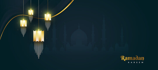 Ramadan Kareem Background Design with Mosque and Golden Lanterns. Islamic Greeting Banner