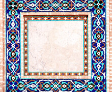 Detail Of Traditional Persian Mosaic Wall With Geometrical And Floral Ornament, Iran. Horizontal Frame With Ceramic Tile