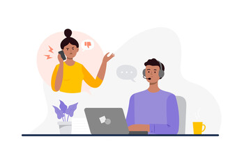 Wall Mural - An Indian man from a call center can not dealing with a customer problem. Online technical support 24 7. Customer support department staff, telemarketing agents. Vector flat illustration.