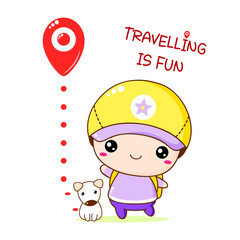 Sticker - Cute traveler friends boy and dog with pin map. Two little travellers. Inscription Travelling is fun. Can be used for kids room poster, print, t-shirt design. Vector illustration EPS8