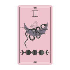 Wall Mural - Vintage tarot cards with moon phases and snakes isolated on a white background. Celestial magic for occult and divination. Pink light cards. Serpent with moon. Flat vector illustration.