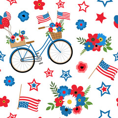 Patriotic American floral bicycle with flags, and balloons in national colors seamless pattern on white background. Isolated on white background. Independence day, 4th of July themed design.