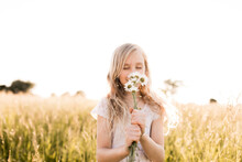 Cute Girl Smelling Daisy Flowers In Field