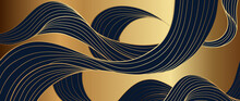 Elegant Abstract Line Art On Dark Blue Background. Luxury Hand Drawn And Golden Texture With Gold Wavy Line. Shining Wave Line Design For Wallpaper, Banner, Prints, Covers, Wall Art, Home Decor.