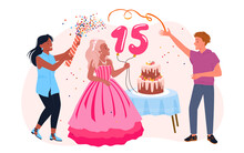 Cartoon Beautiful Girl In Pink Dress And Friends Celebrate With Cake, Boy Holding Balloons With Number 15. Quinceanera Concept. Birthday Party Celebration For Teen Princess Vector Illustration