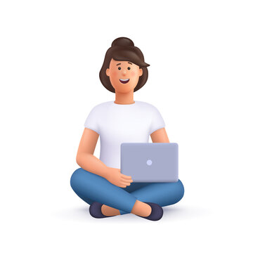 Wall Mural - Young smiling woman Jane sitting with crossed legs, holding laptop. Freelance, studying, online education, work at home, work concept. 3d vector people character illustration. Cartoon minimal style.