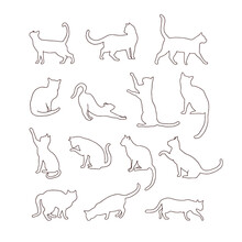 Cat Silhouette In Various Poses Minimalistic Colouring Page Vector Illustration Set Isolated On White. Line Art Style Cats Figures Print Collection For Halloween Or Tee Shirt Design.