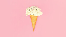 Ice Cream Cone With Flowers On Colorful Pink Background, Top View, Flat Lay