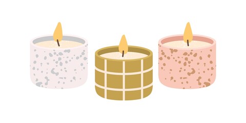 Scented wax candles. Modern aromatic decoration for cosy home interior. Decorative burning candlelight. Natural romantic decor with flame. Flat vector illustration isolated on white background