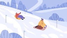 People Sliding Down Slope On Sleds And Snow Tubing On Winter Holidays. Men Riding Downhill On Toboggan, Sleigh. Active Characters On Snowy Hills. Outdoor Wintertime Fun. Flat Vector Illustration