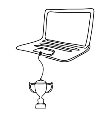 Abstract laptop with trophy as line drawing on white as background. Vector