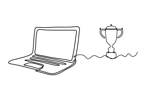 Abstract laptop with trophy as line drawing on white as background. Vector
