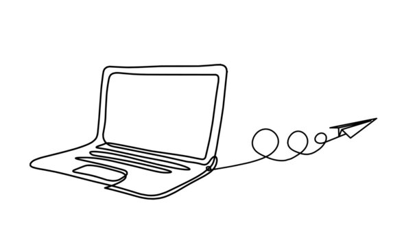 Abstract laptop with paper plane as line drawing on white as background. Vector
