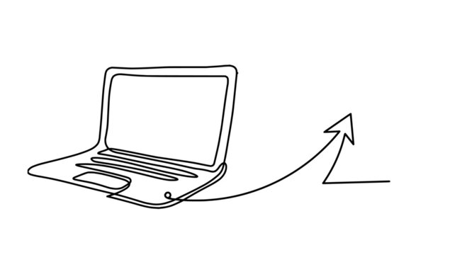 Abstract laptop with sign of direction as line drawing on white as background. Vector