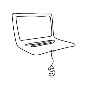 Abstract laptop with dollar as line drawing on white as background. Vector