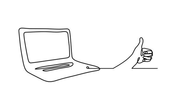 Abstract laptop with sign of direction as line drawing on white as background. Vector