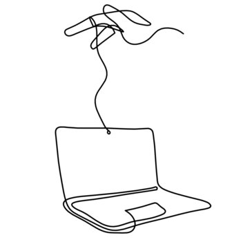 Abstract laptop with wrist as line drawing on white as background. Vector