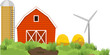 Abstract rural landscape with red barn, silo tower, haystacks and wind turbine