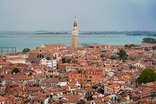 Italy, Veneto, Venice, Old Town Houses With Church Bell Tower In Background