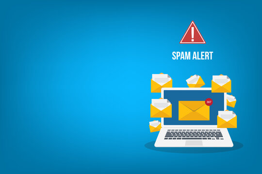 Spamming concept, a lot of emails on the screen of a monitor. Email box hacking, spam warning. Vector illustration.