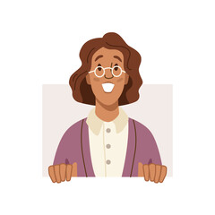 Poster - Positive female personage, isolated woman wearing glasses curious lady looking with excitement and thrill. Vector funny adult in formal clothes, worker with interested face. Flat cartoon character