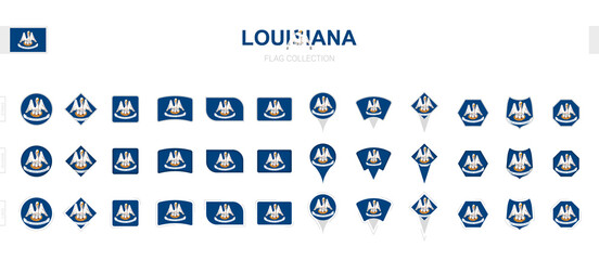 Large collection of Louisiana flags of various shapes and effects.