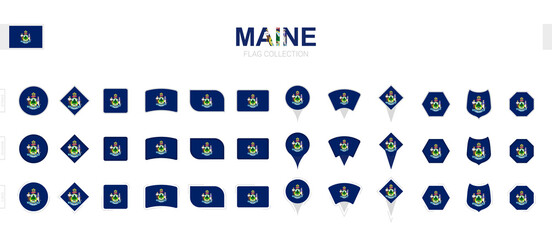 Sticker - Large collection of Maine flags of various shapes and effects.