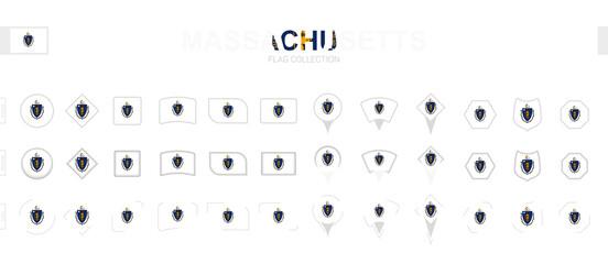 Sticker - Large collection of Massachusetts flags of various shapes and effects.