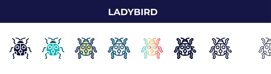 Poster - ladybird icon in 8 styles. line, filled, glyph, thin outline, colorful, stroke and gradient styles, ladybird vector sign. symbol, logo illustration. different style icons set.