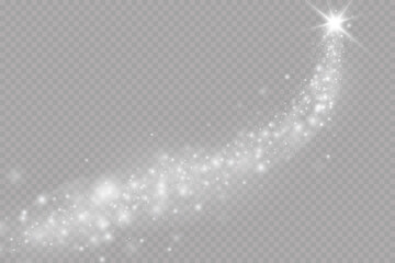 Dust sparks and stars shine with a special light. Christmas light effect. Glittering particles of magic dust.Vector sparkles on a transparent background.