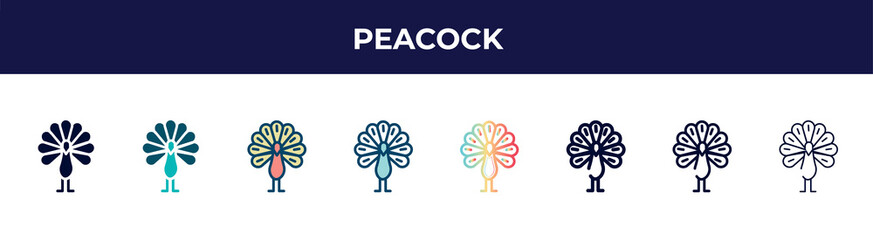 peacock icon in 8 styles. line, filled, glyph, thin outline, colorful, stroke and gradient styles, peacock vector sign. symbol, logo illustration. different style icons set.