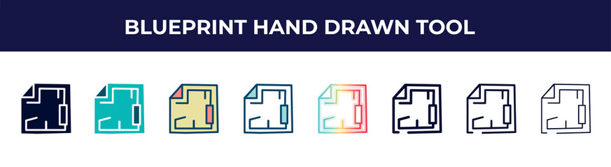 Aufkleber - blueprint hand drawn tool icon in 8 styles. line, filled, glyph, thin outline, colorful, stroke and gradient styles, blueprint hand drawn tool vector sign. symbol, logo illustration. different style