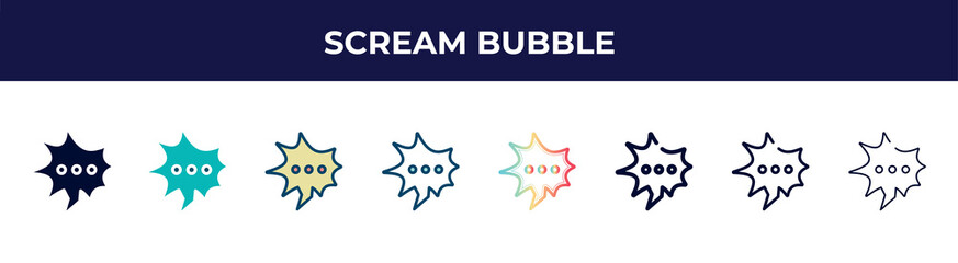 Poster - scream bubble icon in 8 styles. line, filled, glyph, thin outline, colorful, stroke and gradient styles, scream bubble vector sign. symbol, logo illustration. different style icons set.