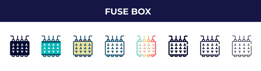 Poster - fuse box icon in 8 styles. line, filled, glyph, thin outline, colorful, stroke and gradient styles, fuse box vector sign. symbol, logo illustration. different style icons set.