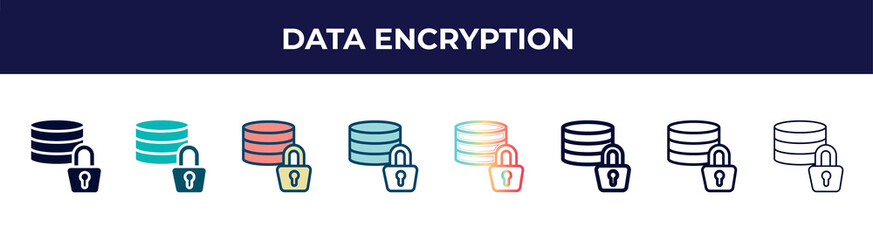 Poster - data encryption icon in 8 styles. line, filled, glyph, thin outline, colorful, stroke and gradient styles, data encryption vector sign. symbol, logo illustration. different style icons set.