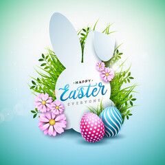 Wall Mural - Vector Illustration of Happy Easter Holiday with Painted Egg and Spring Flower on Shiny Light Blue Background. International Celebration Design with Rabbit Shape and Typography for Greeting Card