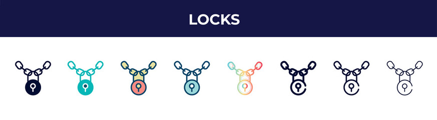 Poster - locks icon in 8 styles. line, filled, glyph, thin outline, colorful, stroke and gradient styles, locks vector sign. symbol, logo illustration. different style icons set.