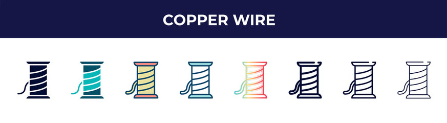 Poster - copper wire icon in 8 styles. line, filled, glyph, thin outline, colorful, stroke and gradient styles, copper wire vector sign. symbol, logo illustration. different style icons set.
