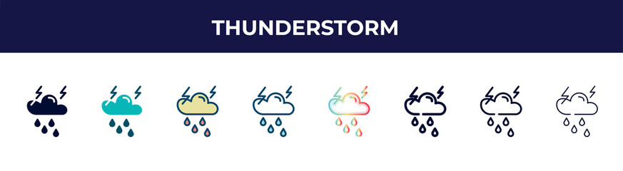 Aufkleber - thunderstorm icon in 8 styles. line, filled, glyph, thin outline, colorful, stroke and gradient styles, thunderstorm vector sign. symbol, logo illustration. different style icons set.
