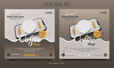 Coffee shop online promotion on mobile app banner template for social media post concept