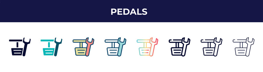 Poster - pedals icon in 8 styles. line, filled, glyph, thin outline, colorful, stroke and gradient styles, pedals vector sign. symbol, logo illustration. different style icons set.