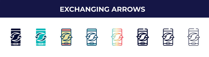 Poster - exchanging arrows icon in 8 styles. line, filled, glyph, thin outline, colorful, stroke and gradient styles, exchanging arrows vector sign. symbol, logo illustration. different style icons set.