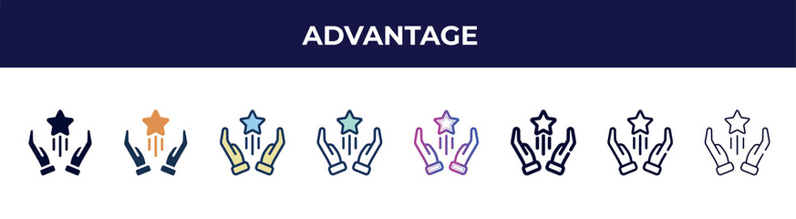 Poster - advantage icon in 8 styles. line, filled, glyph, thin outline, colorful, stroke and gradient styles, advantage vector sign. symbol, logo illustration. different style icons set.