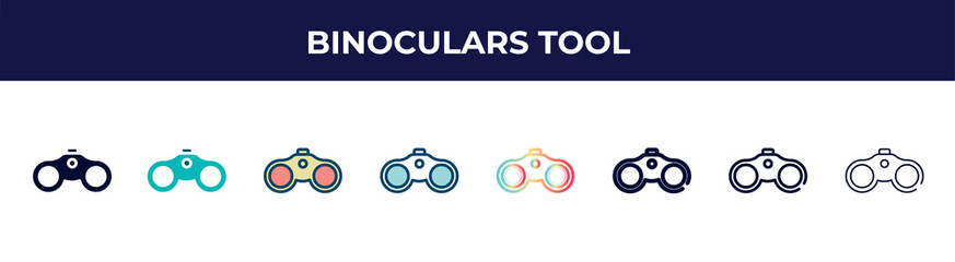Poster - binoculars tool icon in 8 styles. line, filled, glyph, thin outline, colorful, stroke and gradient styles, binoculars tool vector sign. symbol, logo illustration. different style icons set.