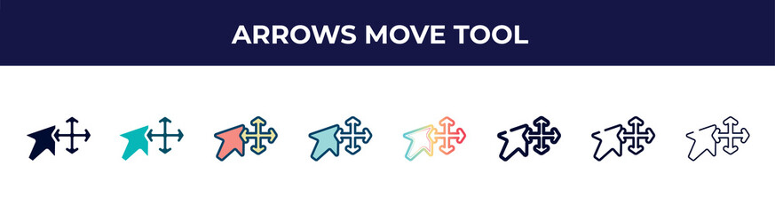 Aufkleber - arrows move tool icon in 8 styles. line, filled, glyph, thin outline, colorful, stroke and gradient styles, arrows move tool vector sign. symbol, logo illustration. different style icons set.