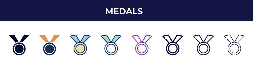 Poster - medals icon in 8 styles. line, filled, glyph, thin outline, colorful, stroke and gradient styles, medals vector sign. symbol, logo illustration. different style icons set.