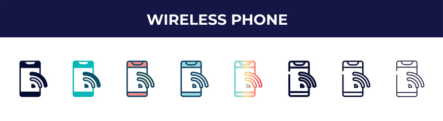 wireless phone icon in 8 styles. line, filled, glyph, thin outline, colorful, stroke and gradient styles, wireless phone vector sign. symbol, logo illustration. different style icons set.