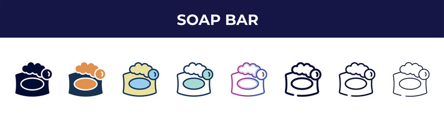 Aufkleber - soap bar icon in 8 styles. line, filled, glyph, thin outline, colorful, stroke and gradient styles, soap bar vector sign. symbol, logo illustration. different style icons set.