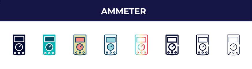 Poster - ammeter icon in 8 styles. line, filled, glyph, thin outline, colorful, stroke and gradient styles, ammeter vector sign. symbol, logo illustration. different style icons set.