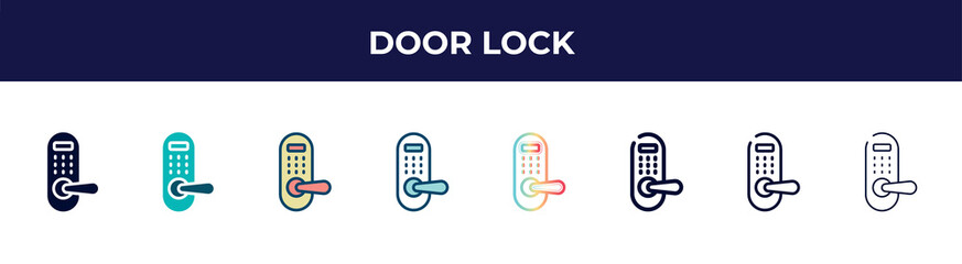 Poster - door lock icon in 8 styles. line, filled, glyph, thin outline, colorful, stroke and gradient styles, door lock vector sign. symbol, logo illustration. different style icons set.